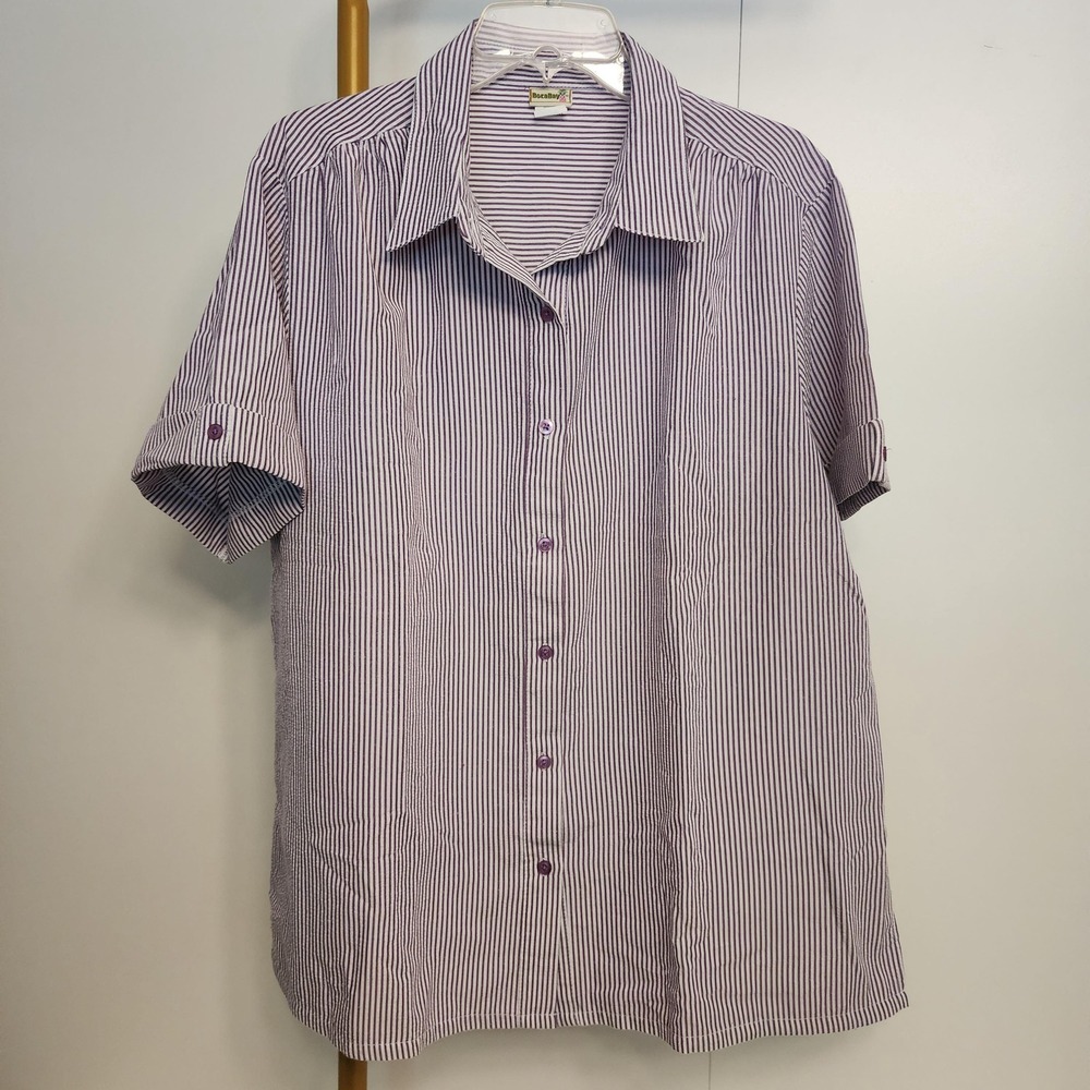 XL Vintage BocaBay Thin Purple and White Vertical Striped Button Up Short Sleeve